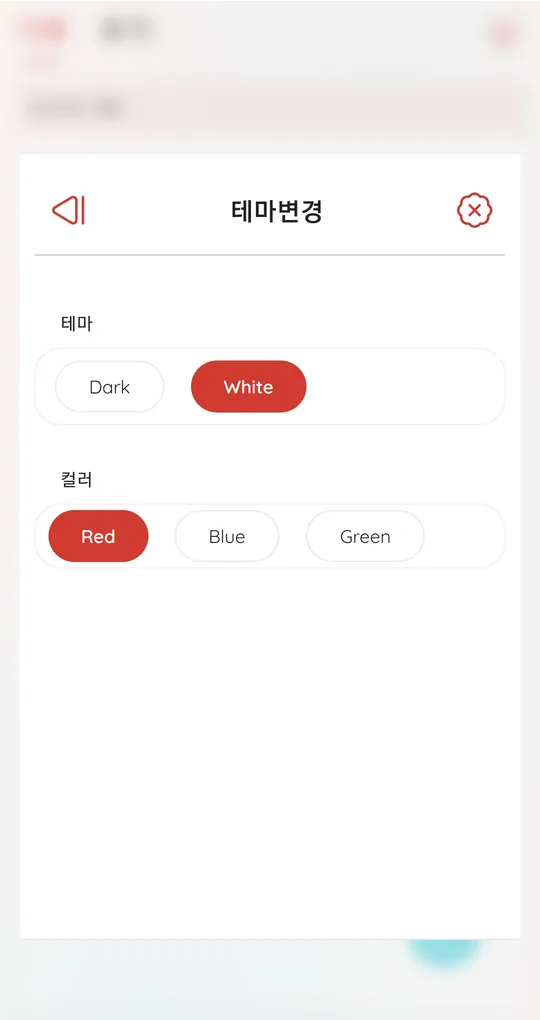 테마변경 화면. 테마 Dark·White, 컬러 Red·Blue·Green