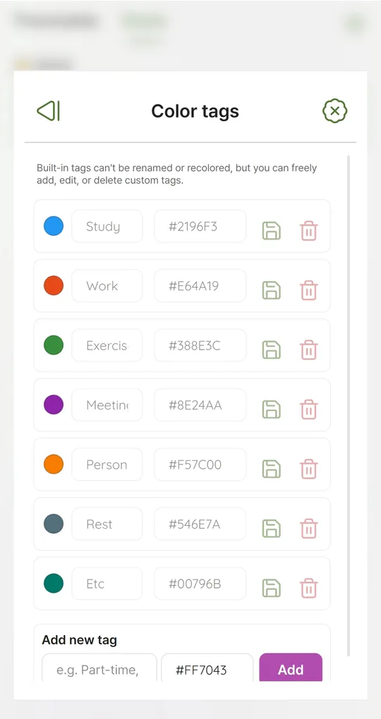 Color tags screen with the built-in tags and an Add new tag field at the bottom