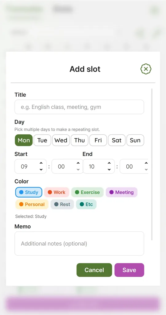 Add slot screen with start and end time and multi-day selection