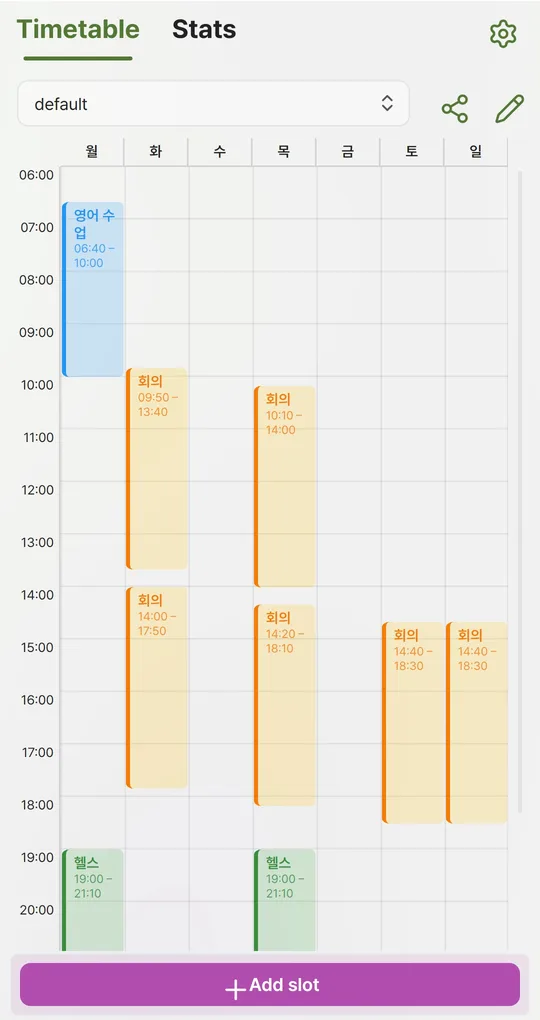 Profile dropdown at the top of the Timetable tab and the weekly grid