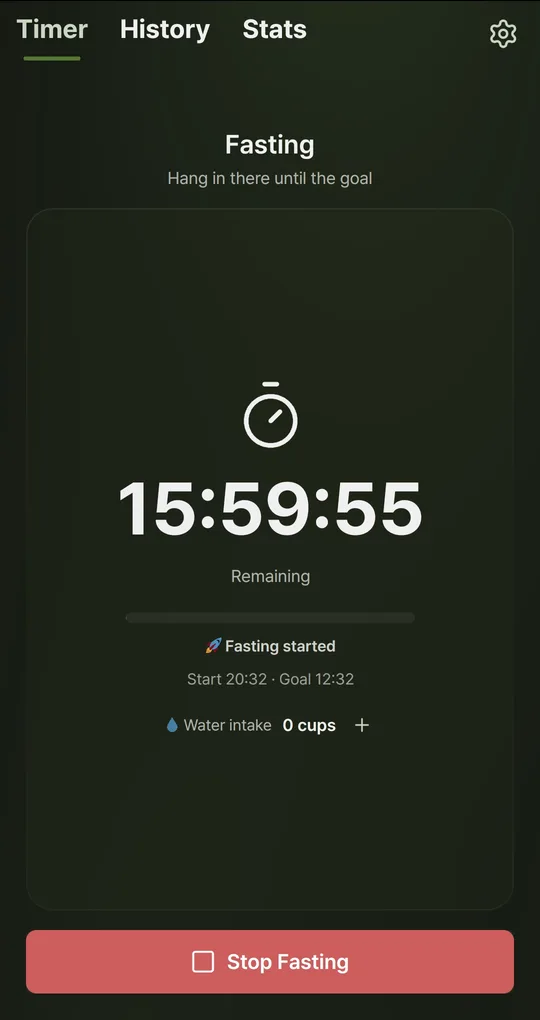 Fasting screen showing Start 20:32 · Goal 12:32