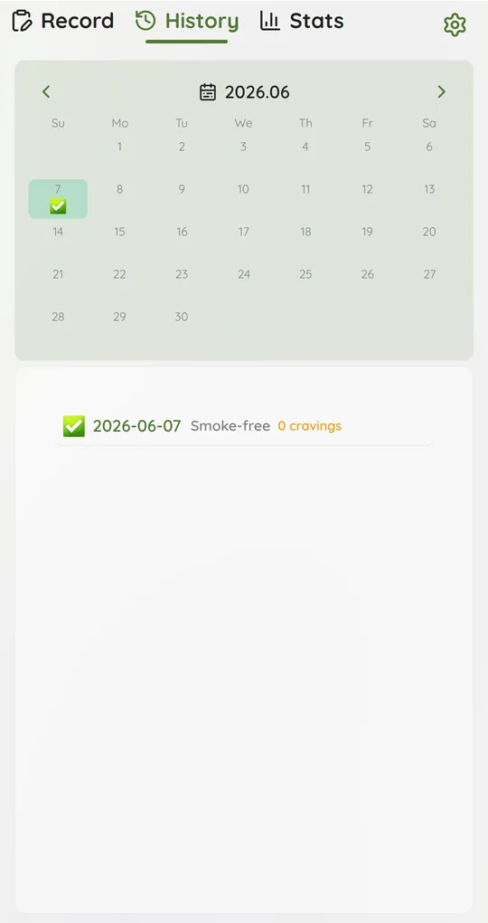 History tab calendar with smoke-free days checked and records listed below