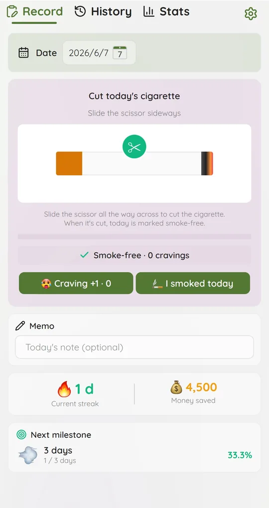 Record tab showing the Craving +1 · 0 and I smoked today buttons and the memo field