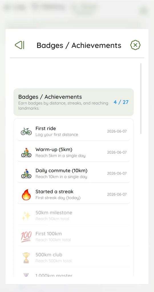 Badges / Achievements list with earned and locked badges