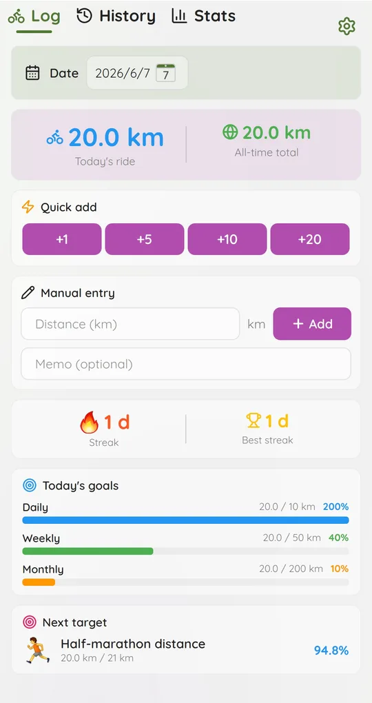 Log tab with manual distance entry and optional memo field