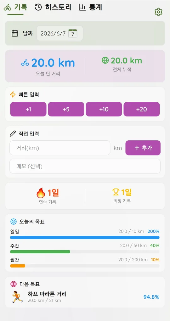기록 탭. 날짜, 오늘 탄 거리와 전체 누적, 빠른 입력 +1 +5 +10 +20 버튼, 직접 입력칸, 연속 기록, 오늘의 목표 진행률