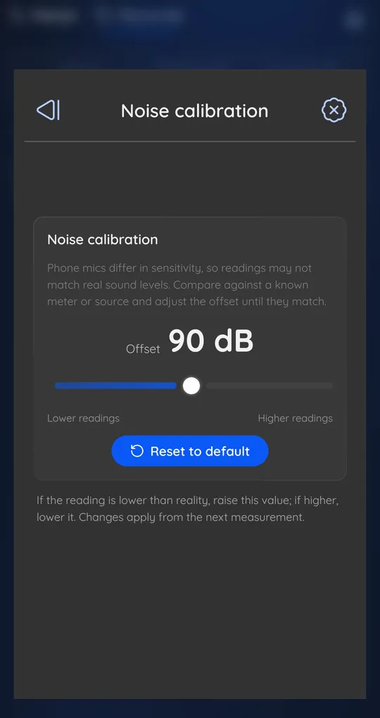 Noise calibration screen with a 90 dB offset slider, Lower readings and Higher readings labels and Reset to default