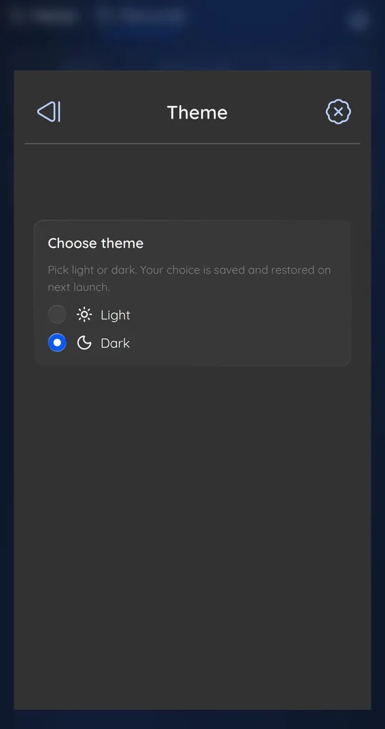 Theme screen with Light and Dark options