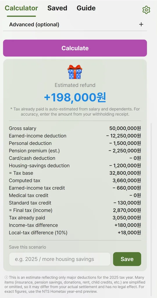 Breakdown with a housing-savings deduction of 1,200,000 KRW