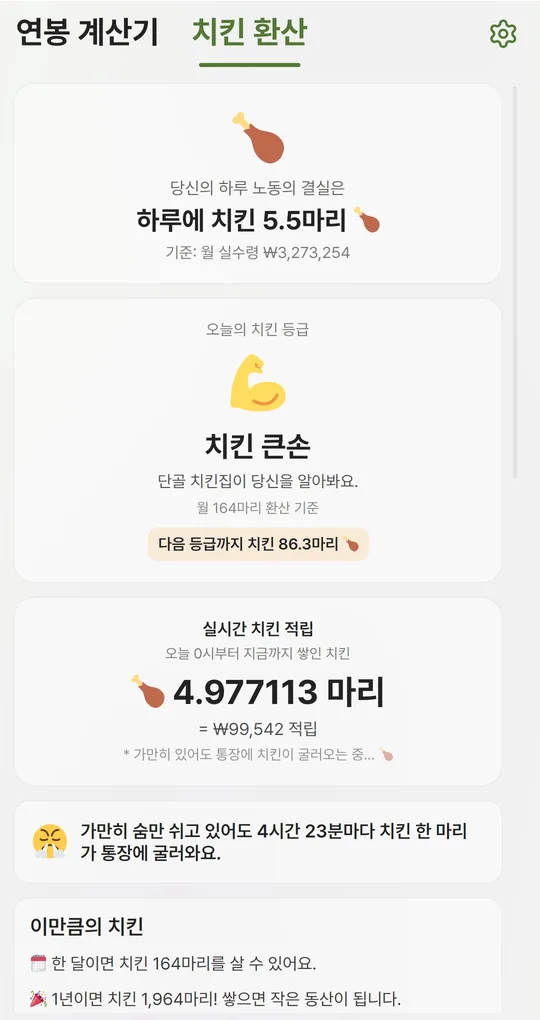 치킨 환산 탭. 하루 치킨 마리 수, 치킨 등급, 실시간 치킨 적립
