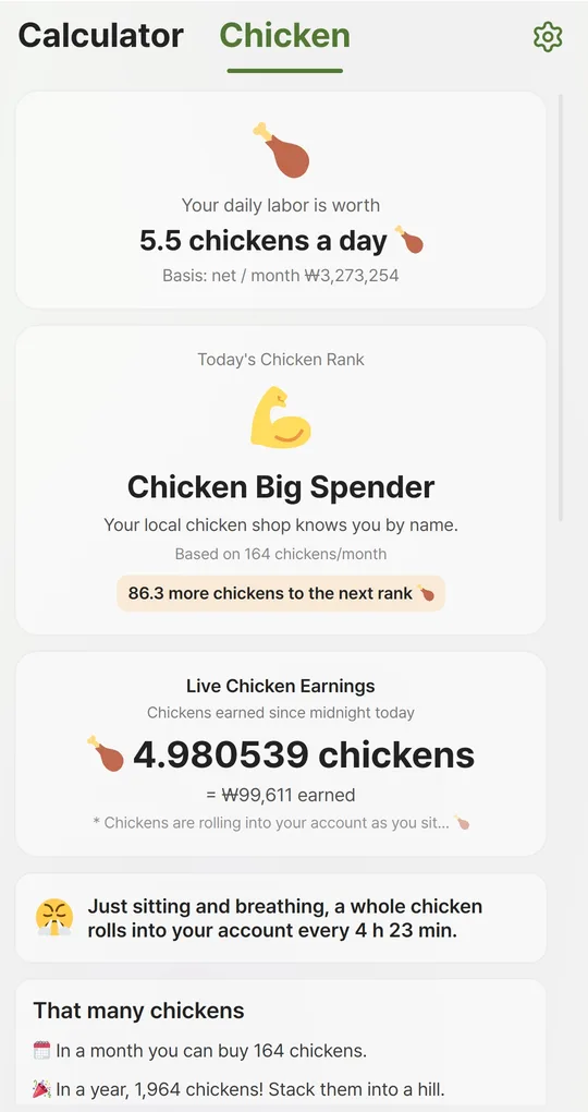 Chicken tab with chickens per day, Chicken Rank and Live Chicken Earnings