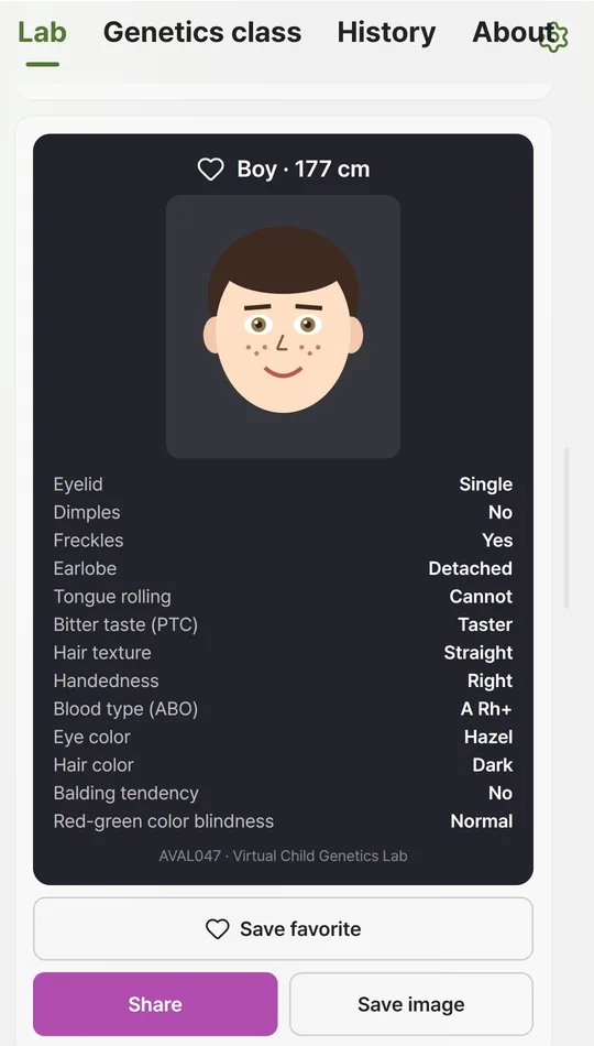 Virtual child card: Boy, 177 cm, eye color hazel, hair color dark