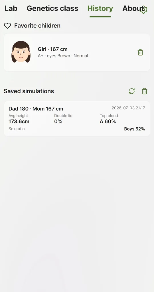 History tab with a favorite child (Girl, 167 cm, A+, brown eyes) and a saved simulation (Dad 180, Mom 167 cm, average height 173.6 cm, top blood type A 60%)