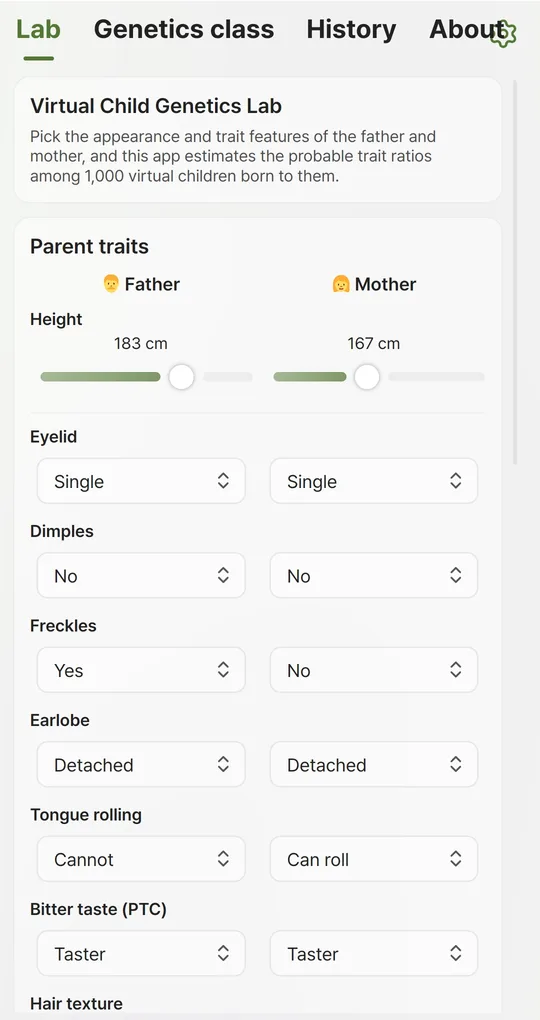 Parent traits screen with height sliders for Father and Mother and drop-downs for eyelid, dimples, freckles, earlobe, tongue rolling and bitter taste