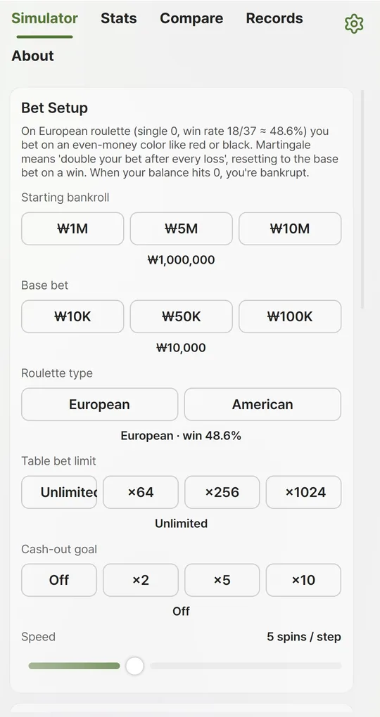 Simulator tab Bet Setup screen