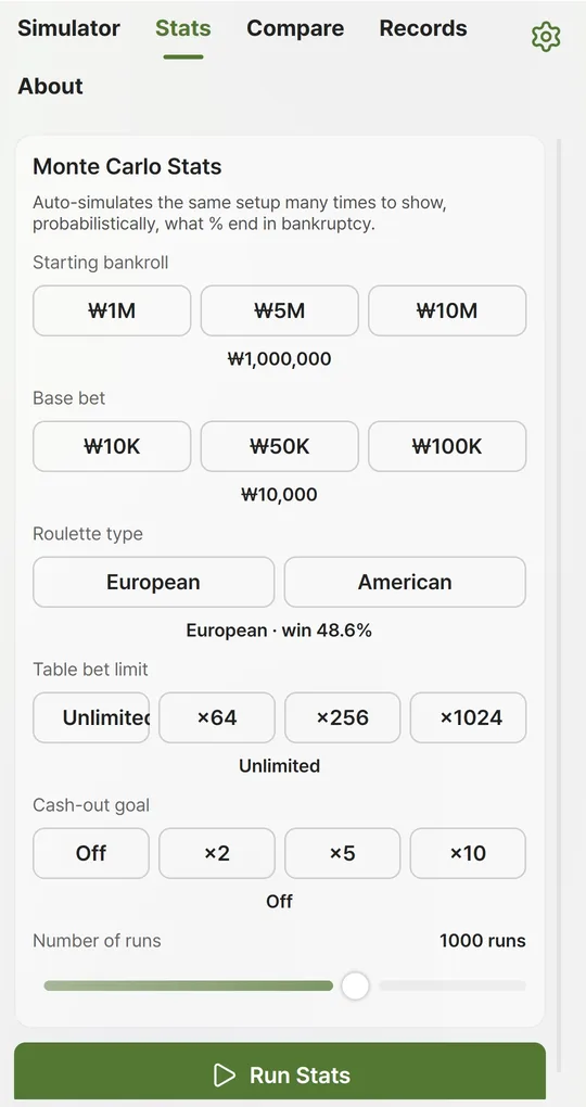 Monte Carlo Stats setup with Run Stats button