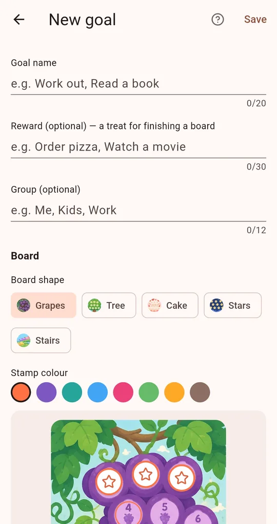 New goal screen with goal name, reward and group fields, board shape choices, stamp colour and a grapes preview