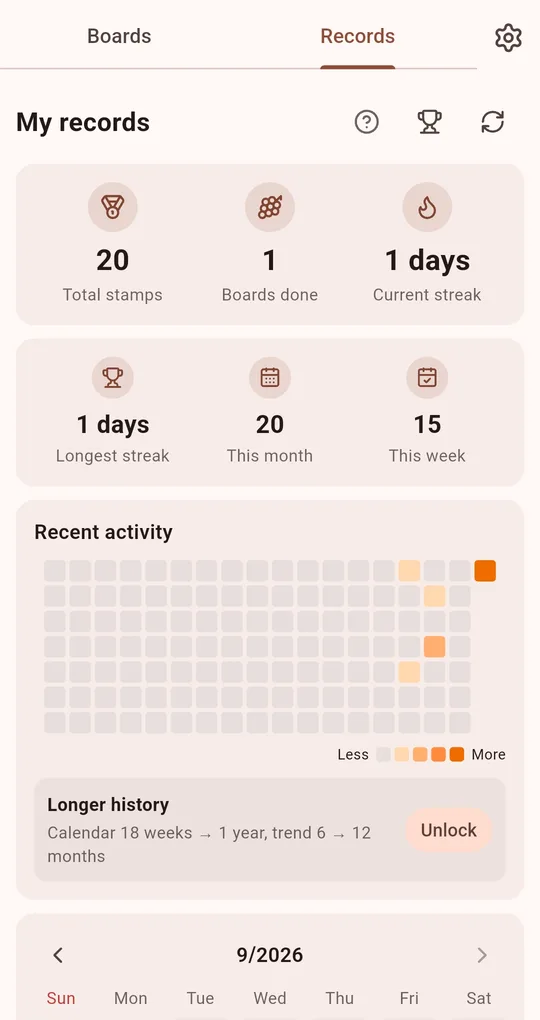 Records tab with stat cards and a recent activity grid