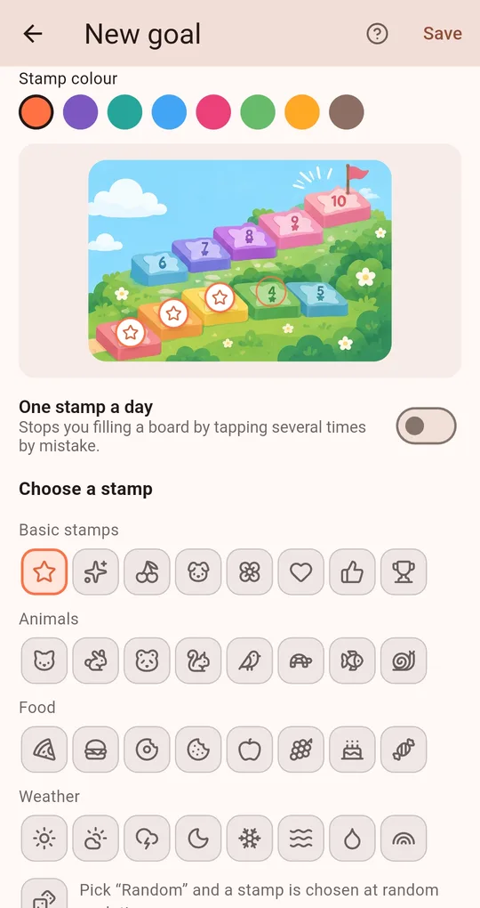 Stamp choice screen with the One stamp a day switch and basic, animal, food and weather stamps