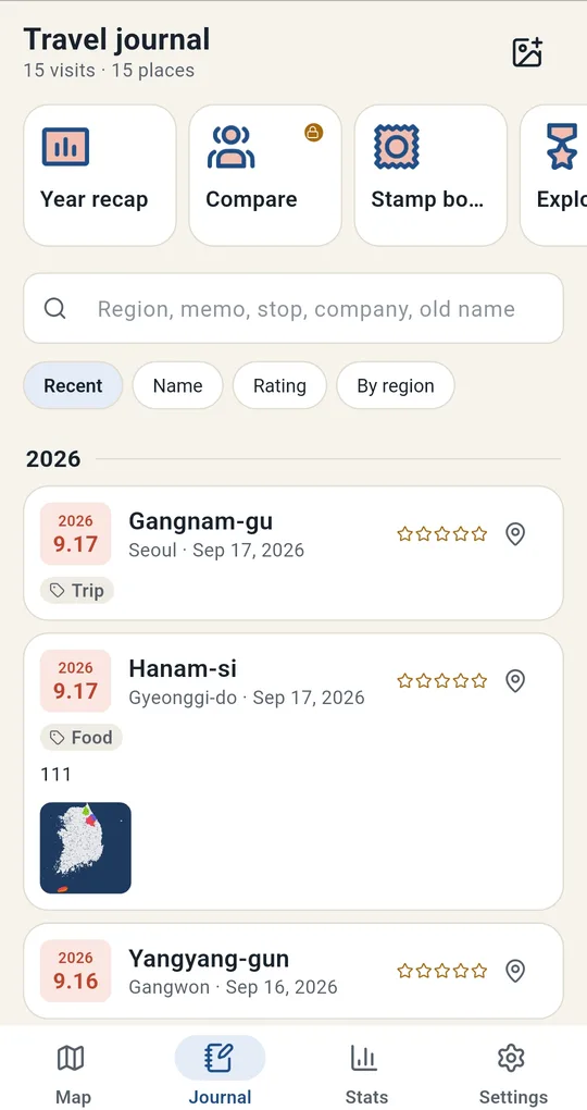 Travel journal with Year recap, Compare and Stamp book buttons, a search box and the visit list