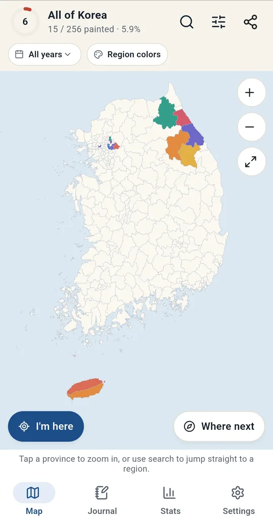 All of Korea map with parts of Gangwon and the capital area painted, 15/256 painted 5.9%, and I’m here and Where next buttons