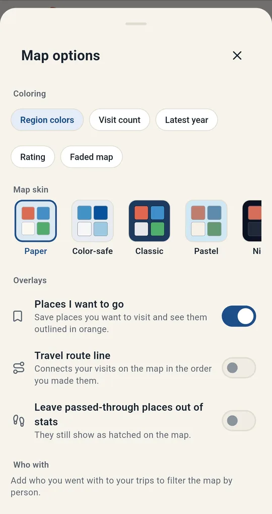 Map options: coloring, map skin, overlays (places I want to go, travel route line, leave passed-through places out of stats), who with