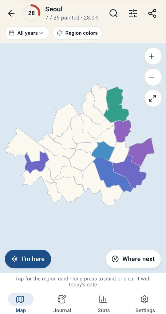 Seoul zoomed in with several of its 25 districts painted