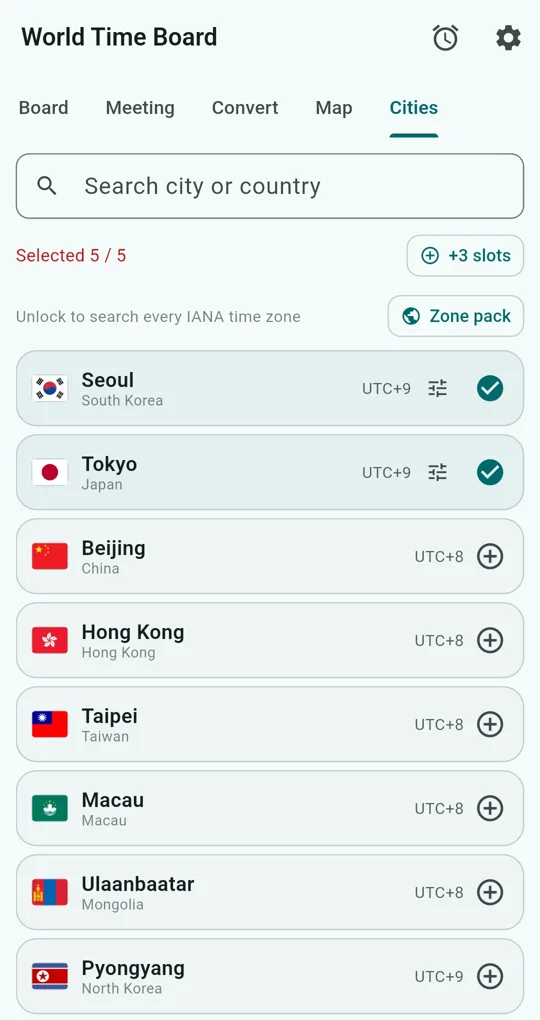 Cities tab: search box, Selected 5 / 5, +3 slots and Zone pack buttons, Seoul and Tokyo selected