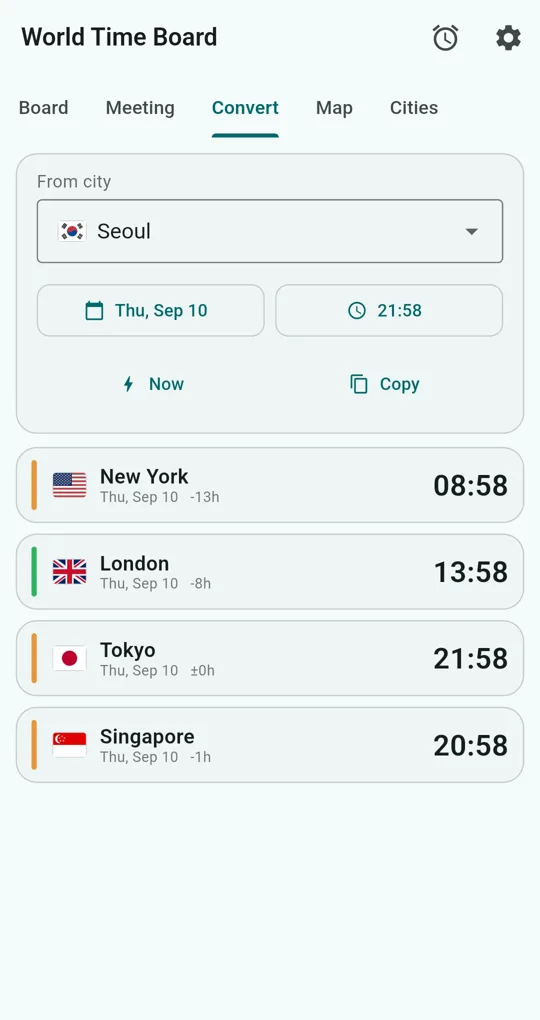 Convert tab: From city Seoul, date Thu Sep 10, time 21:58, results per city with dates
