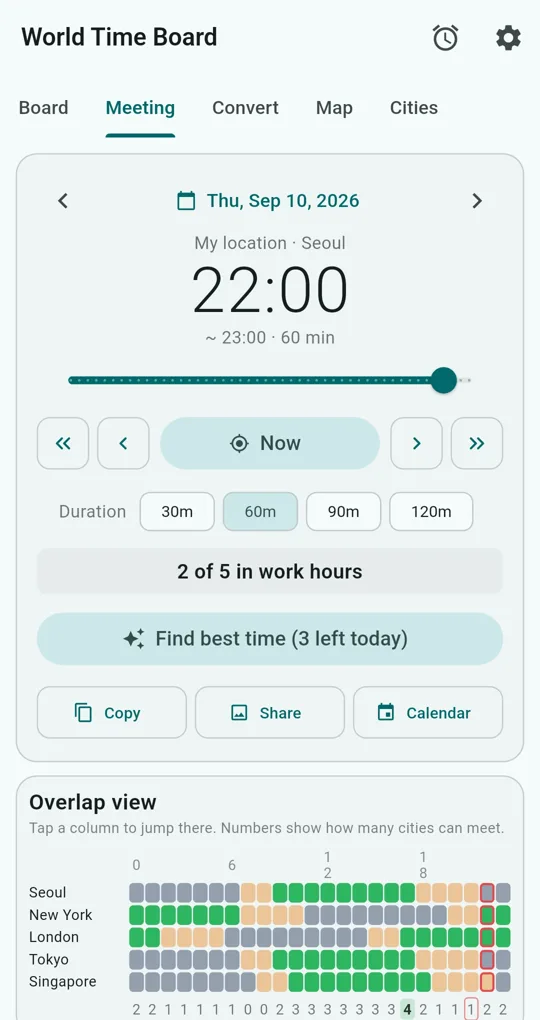 Meeting tab: date, slider at 22:00, duration chips 30/60/90/120 min, Copy, Share and Calendar buttons