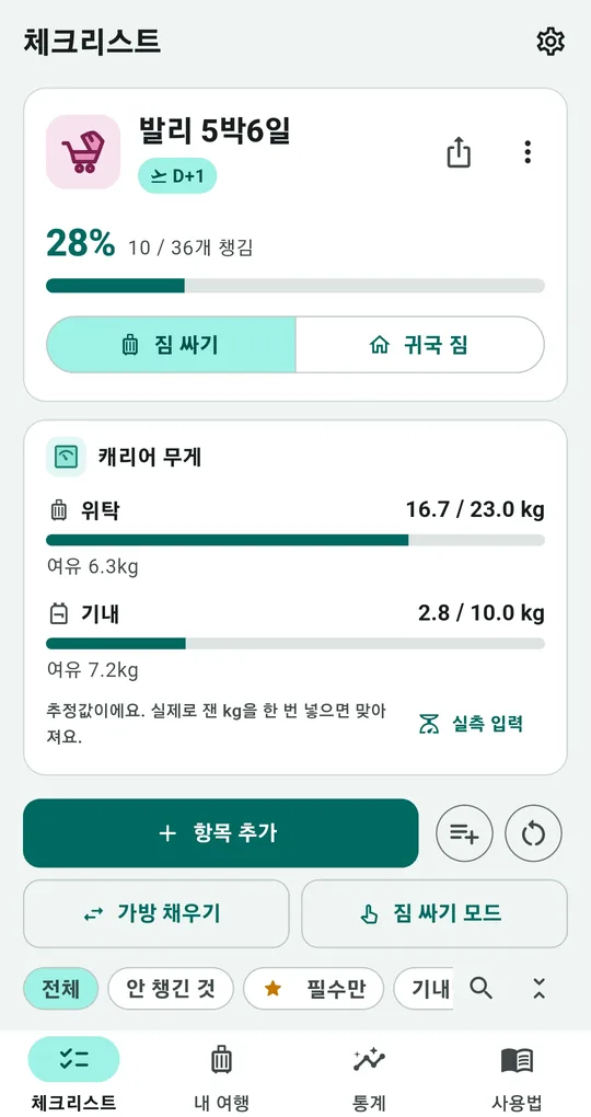 캐리어 무게 카드. 위탁 16.7/23.0kg 여유 6.3kg, 기내 2.8/10.0kg 여유 7.2kg, 실측 입력 버튼