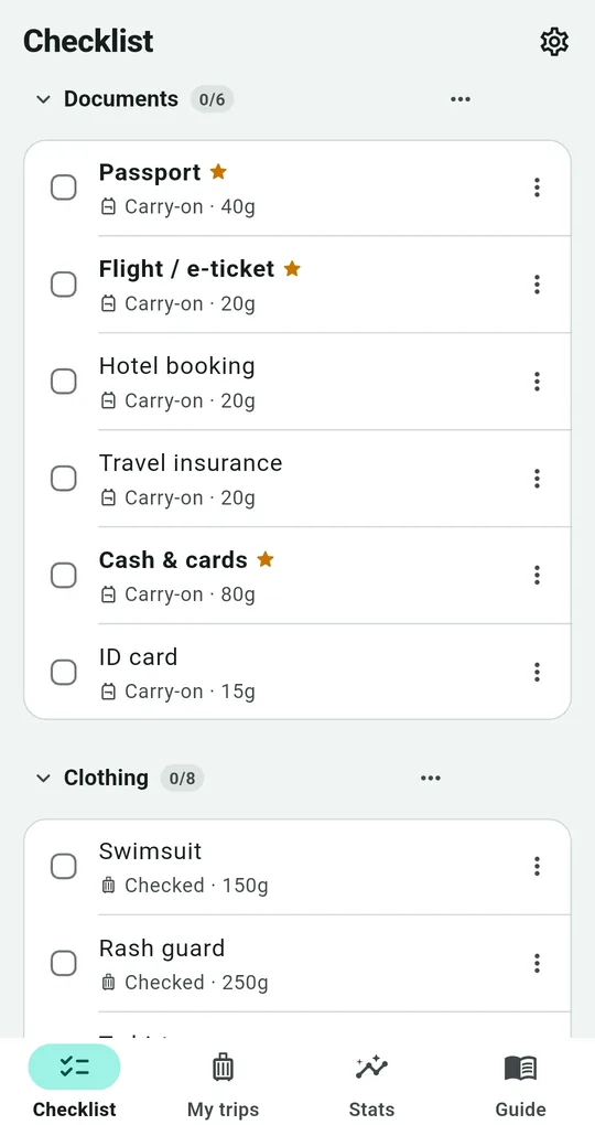 Checklist items: passport, flight ticket and travel insurance marked carry-on; swimsuit and rash guard marked checked
