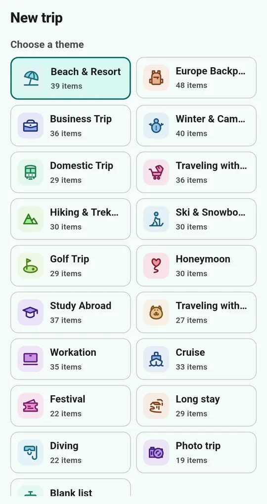 New trip screen with themes such as Beach & Resort, Europe Backpacking, Business Trip and Winter & Camping, each with an item count