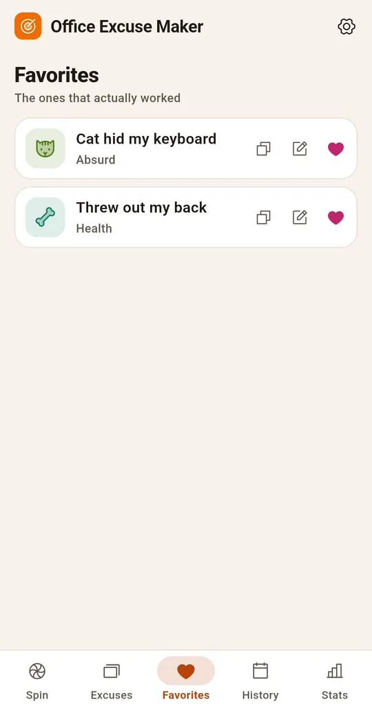 Favorites screen with two saved excuses and copy and edit buttons