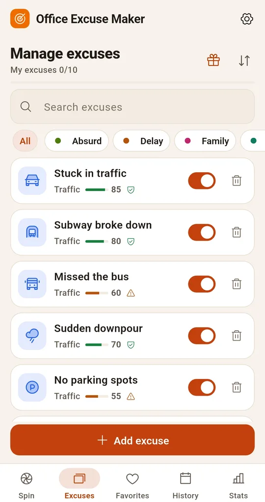 Manage excuses screen: search, category filters, credibility bars and on/off switches, and an Add excuse button