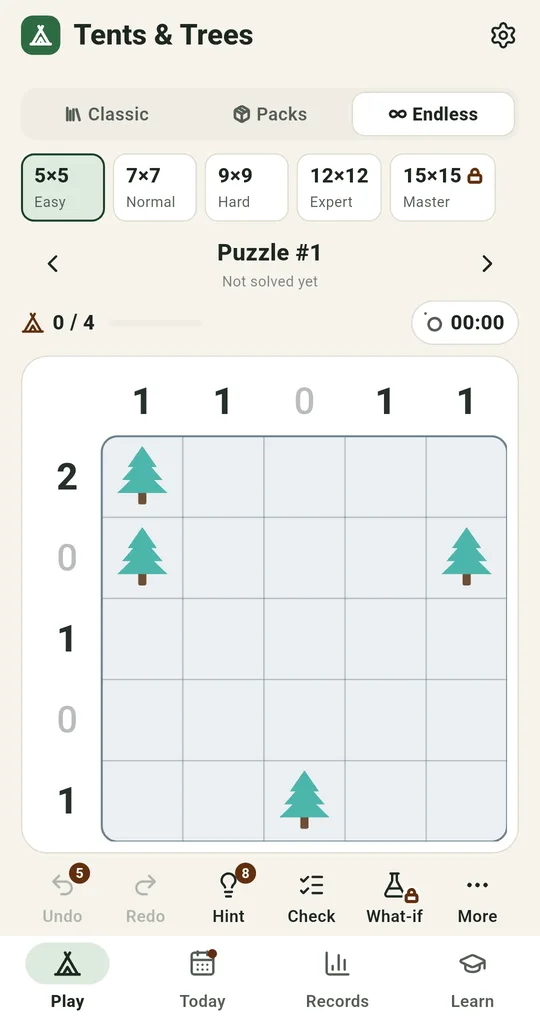 Endless tab: difficulty chips from 5×5 Easy to 15×15 Master in one row, Puzzle #1, 0 / 4 tents