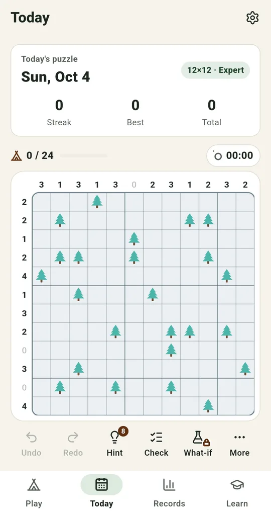 Today tab: Today’s puzzle, Sun Oct 4, a 12×12 Expert badge, Streak, Best and Total all 0, 0 / 24 tents, and a 12×12 board