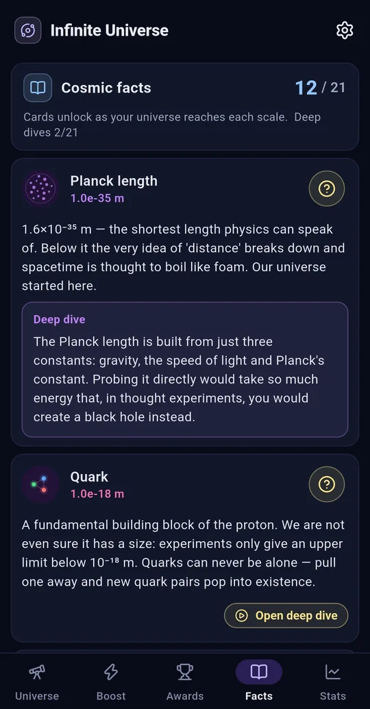 Facts tab: Cosmic facts 12/21, the Planck length card with its deep dive, and the quark card