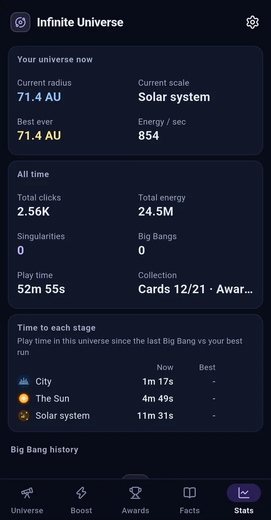 Stats tab: Time to each stage (City 1m 17s, The Sun 4m 49s, Solar system 11m 31s) and Big Bang history