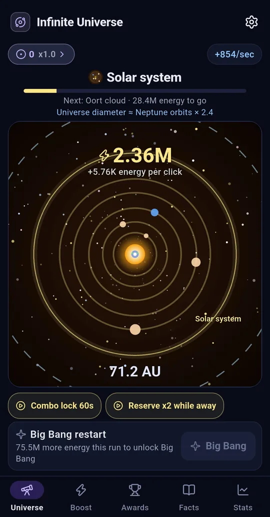 Universe tab: 2.36M energy, Solar system stage, radius 71.2 AU, energy needed to reach the Oort cloud
