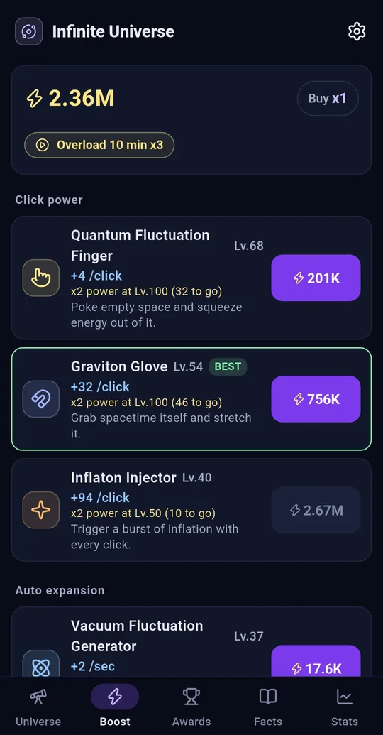 Boost tab: Graviton Glove Lv.54 tagged BEST, x2 power at Lv.100 (46 to go), Vacuum Fluctuation Generator Lv.37 under Auto expansion
