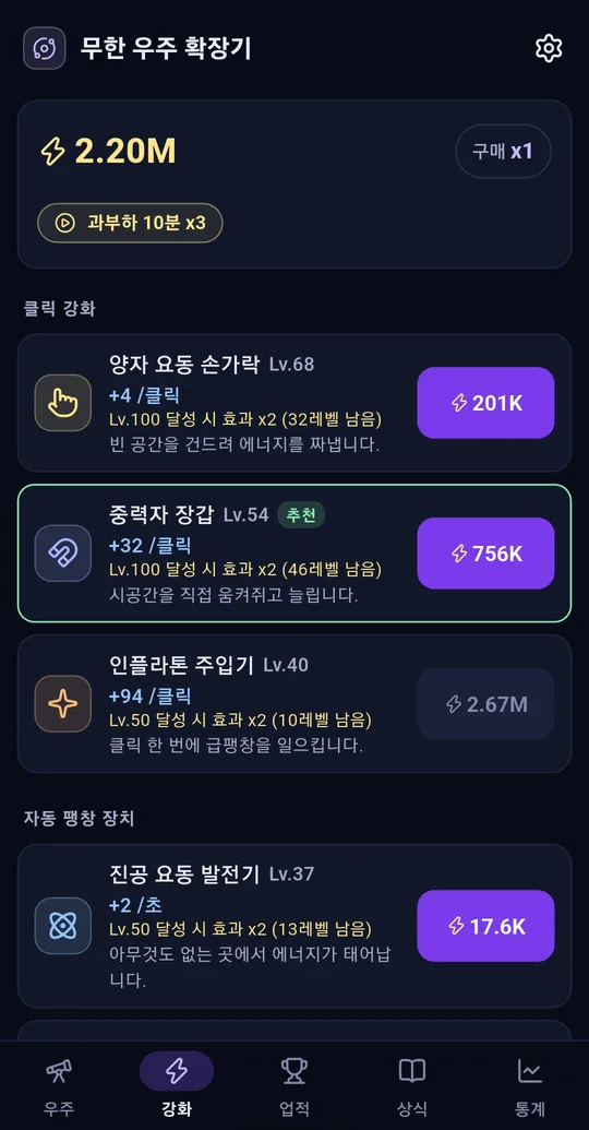 강화 탭. 중력자 장갑 Lv.54에 추천 표시, Lv.100 달성 시 효과 x2 (46레벨 남음), 자동 팽창 장치 진공 요동 발전기 Lv.37