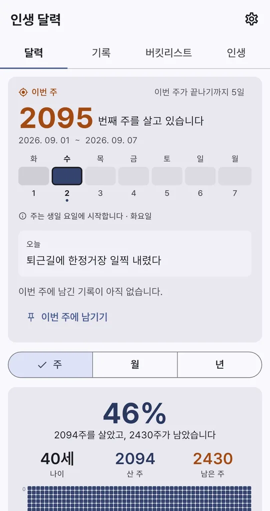 달력 탭 아래쪽 46% 진행률과 나이·산 주·남은 주
