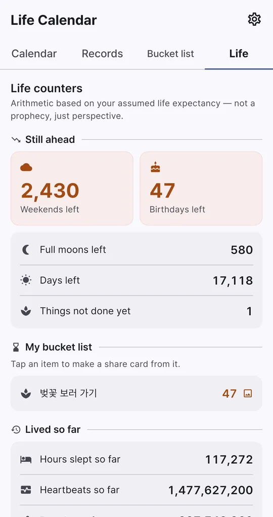 Life tab: weekends left 2,430, birthdays left 47, full moons left, days left, hours slept and heartbeats so far