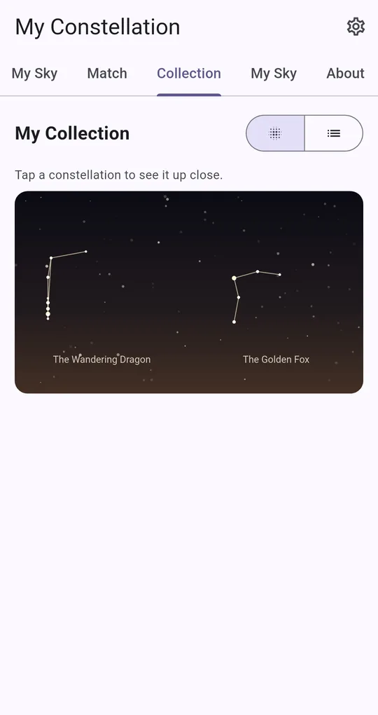 My Collection: several constellations in one night sky, with buttons to switch between sky and list views