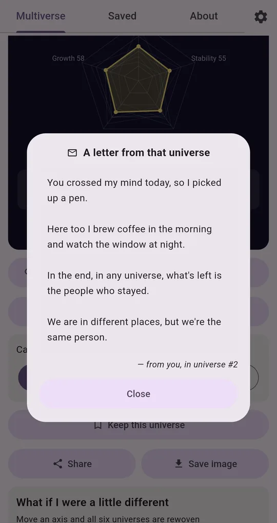 A letter from that universe: starts with you crossed my mind today, so I picked up a pen and ends with we are in different places, but we are the same person