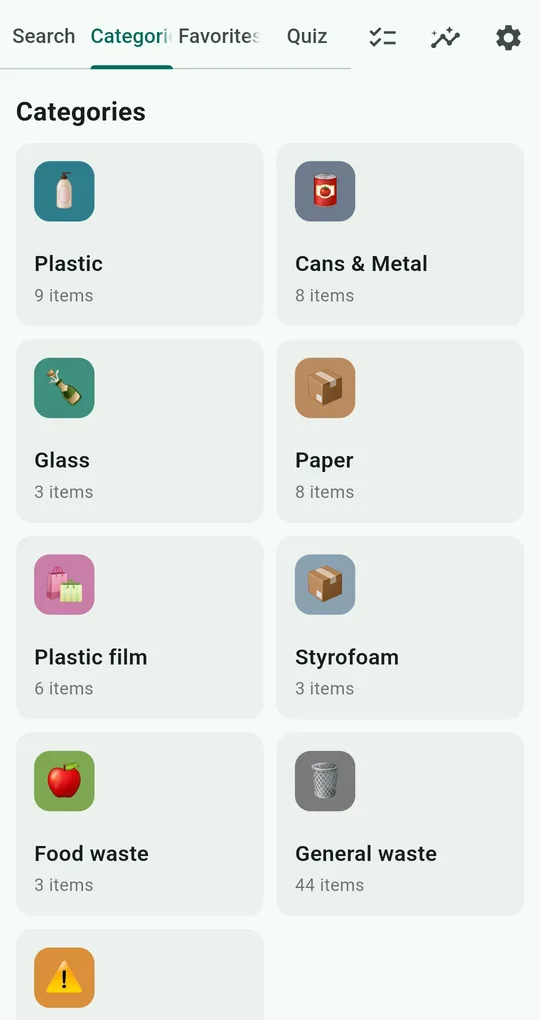 Categories tab with Food waste and General waste cards
