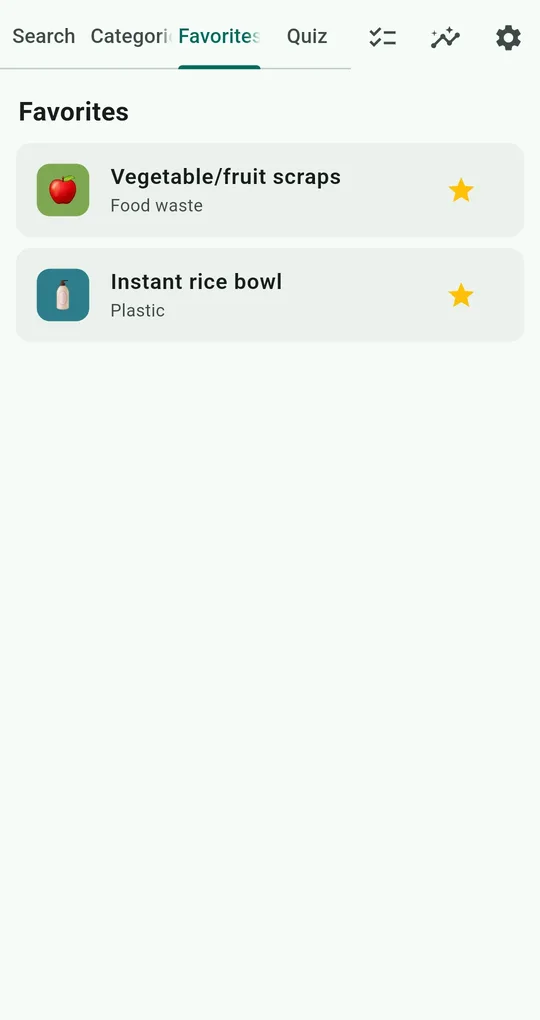 Favorites tab with Vegetable/fruit scraps (Food waste) and Instant rice bowl (Plastic)