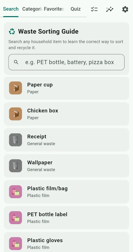 Item list: Paper cup (Paper), Chicken box (Paper), Receipt (General waste), Wallpaper (General waste), PET bottle label (Plastic film)