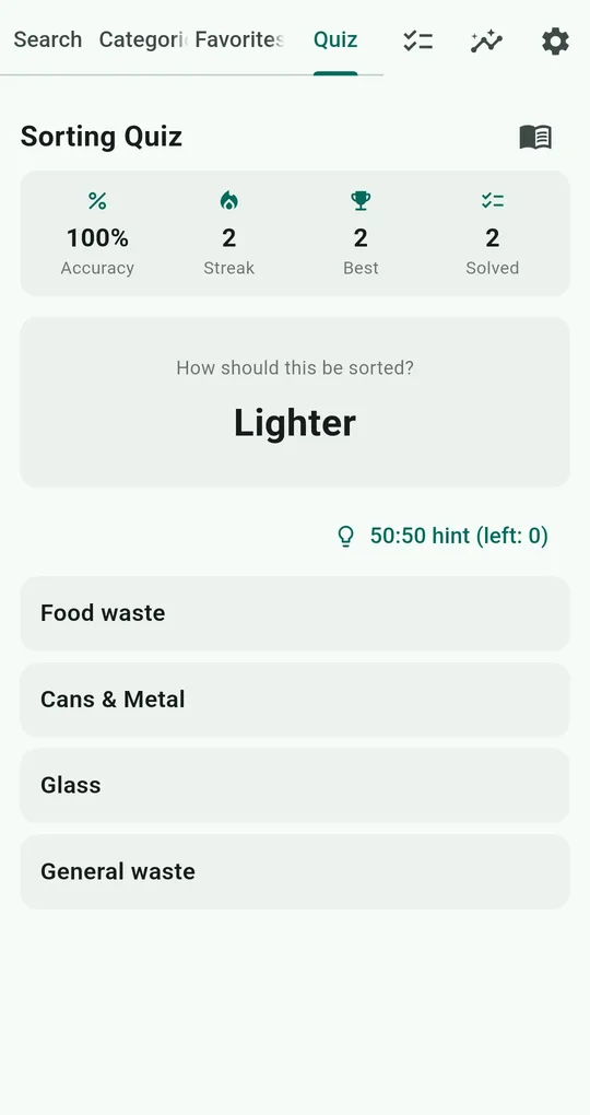 Sorting Quiz with accuracy, streak, best and solved counts, the item Lighter and four answer choices